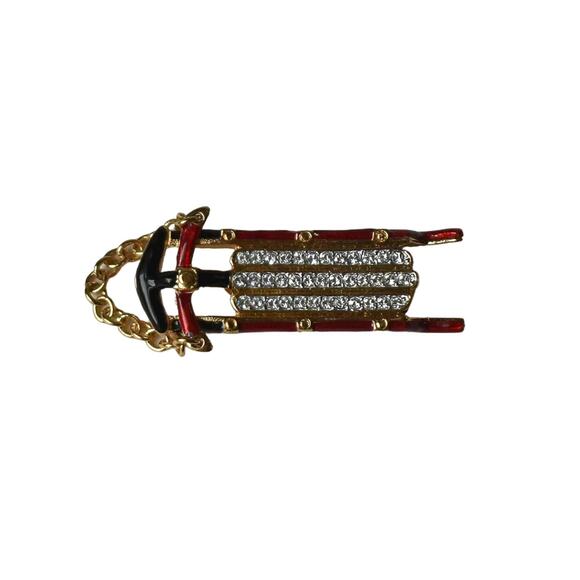 Swarovski Gold Plated Red & Black Enamel White Crystals Winter Snow Sled Pin - Picture 2 of 4